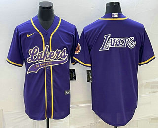 Mens Los Angeles Lakers Purple Big Logo Cool Base Stitched Baseball Jersey->->NBA Jersey